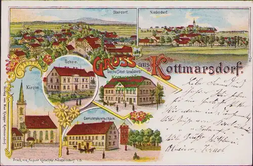 154617 AK Kottmarsdorf Litho 1906 Kirche Schule Gerichtskretscham Gasthof Stadt