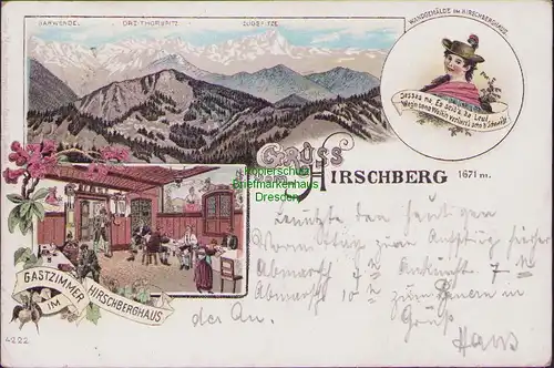 154589 AK Hirschberg am Tegernsee 1671 m Gastzimmer Hirschberghaus 1897 Litho