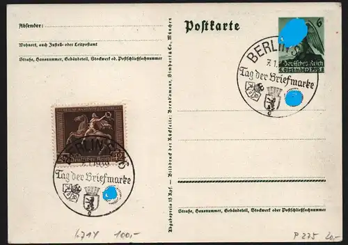 B13458 DR 671 y SST Berlin SO 16 Tag der Briefmarke 1939 auf Ganzsache