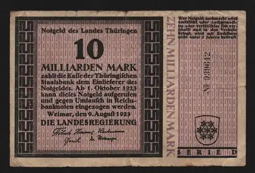 B13589 Deutsches Reich Inflation 1923 Notgeld Thüringen Weimar 10 Milliarden