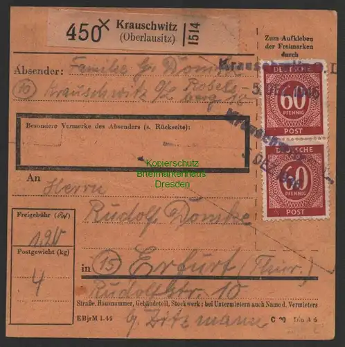 B14323 Alliierte Besetzung Paketkarte Krauschwitz Oberlausitz 1946 Notstempel