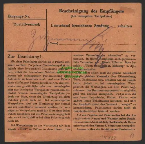 B14323 Alliierte Besetzung Paketkarte Krauschwitz Oberlausitz 1946 Notstempel