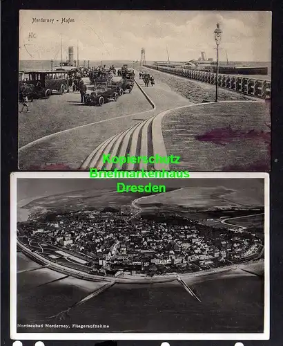 118728 2 AK Norderney Luftbild Fotokarte um 1935 Hafen 1925