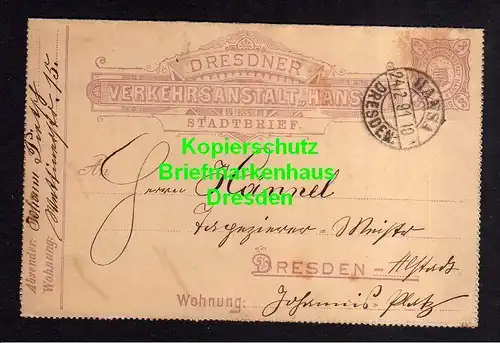 116132 Privatpost Hansa Dresden 1891 Ganzsache Kartenbrief an Ingenieur Meister