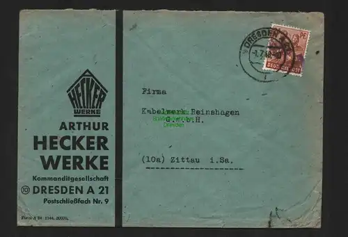 h4476 SBZ Bezirkshandstempel Bezirk 14 Brief Dresden A19 1.7. Hecker Werke