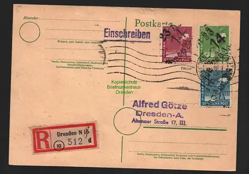h4499 SBZ Bezirkshandstempel Bezirk 14 Postkarte Dresden Einschreiben 26.6.