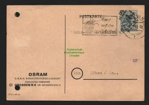 h4485 SBZ Bezirkshandstempel Bezirk 14 Postkarte Dresden OSRAM GmbH nach Löbau