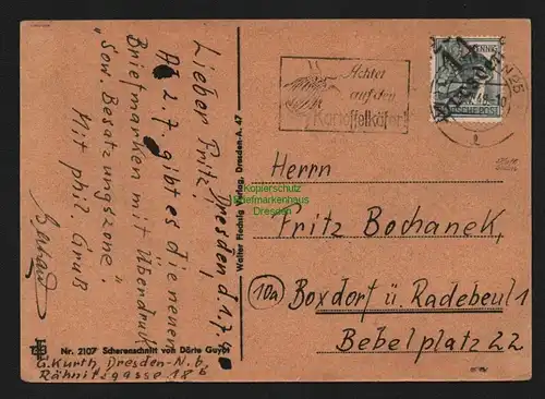 h4540 SBZ Bezirkshandstempel Bezirk 14 Postkarte Dresden 25 nach Boxdorf gepr.