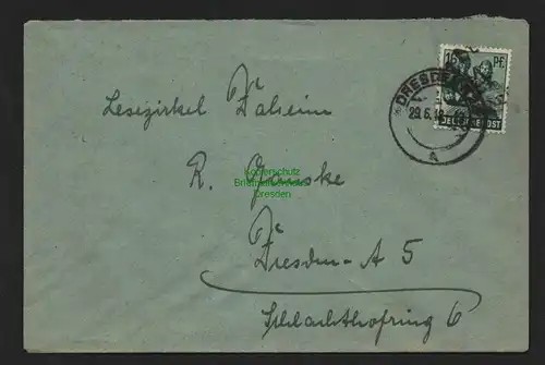 h4494 SBZ Bezirkshandstempel Bezirk 14 Ortsbrief Dresden 16 Pfg. 29.6. Lesezirke