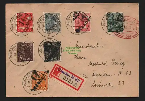 h4599 SBZ Bezirkshandstempel Bezirk 14 R-Brief 7 Werte Dresden gepr. Müller BPP