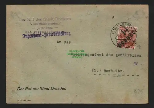 h4428 SBZ Bezirkshandstempel Bezirk 14 Brief Dresden 1b 8.7. Jugendamt Rochlitz