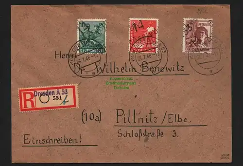 h4603 SBZ Bezirkshandstempel Bezirk 14 R-Brief Dresden A53 Niedersedlitz Pillnit