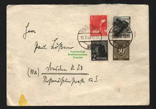 h4555 SBZ Bezirkshandstempel Bezirk 14 Ortsbrief Dresden 12 Pfg.  Zehnfach 11.7.