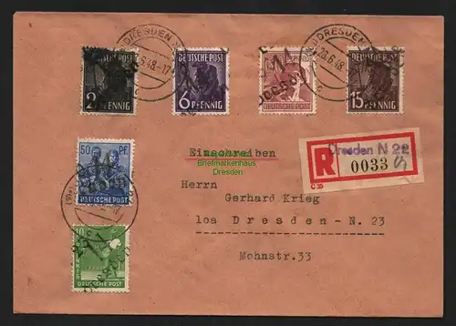 h4601 SBZ Bezirkshandstempel Bezirk 14 R-Brief 6 Werte Dresden gepr. Müller BPP