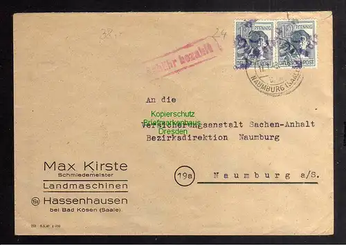 h3494 SBZ Bezirkshandstempel Brief gepr. Bezirk 20 Bad Kösen Gebühr bezahlt gela