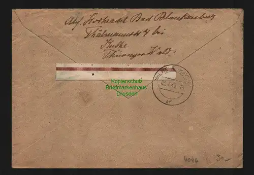 h4046 SBZ Bezirkshandstempel Bezirk 16 Bad Blankenburg 26.6.48 R-Brief