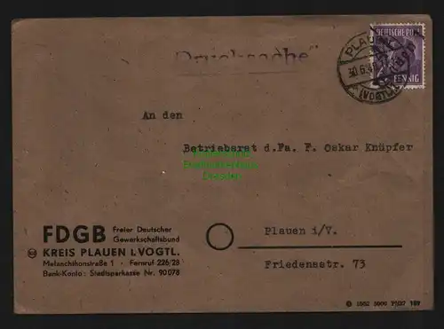 h4039 SBZ Bezirkshandstempel Bezirk 41 Orts-Drucksache Plauen 1 30.6.48