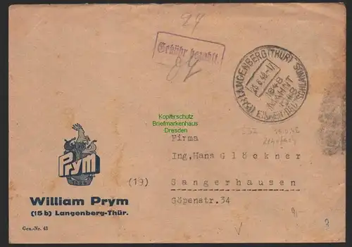 B9913 Postkarte SBZ Gebühr bezahlt 1948 Langenberg Währungsreform Sangerhausen