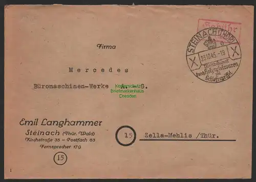 B9919 Brief SBZ Gebühr bezahlt 1945 Steinach nach Zella-Mehlis