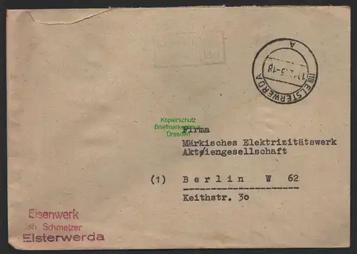B9955 Brief SBZ Gebühr bezahlt 1945 Elsterwerda nach Berlin W62