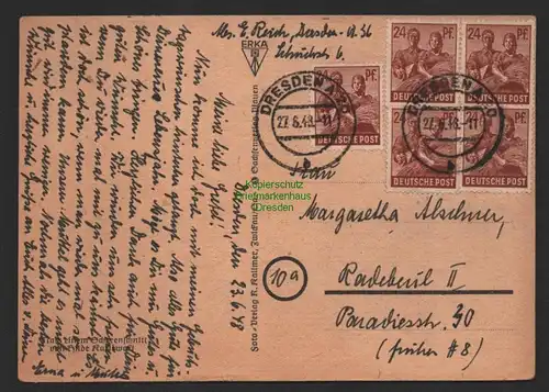 B9975 Postkarte SBZ Gebühr Währungsreform 1948 Zehnfach Dresden A20 n. Radebeul