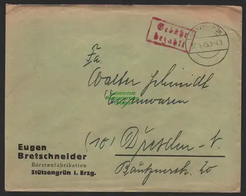 B9916 Brief SBZ Gebühr bezahlt 1945 Stützengrün nch Dresden Bürstenfabrikation