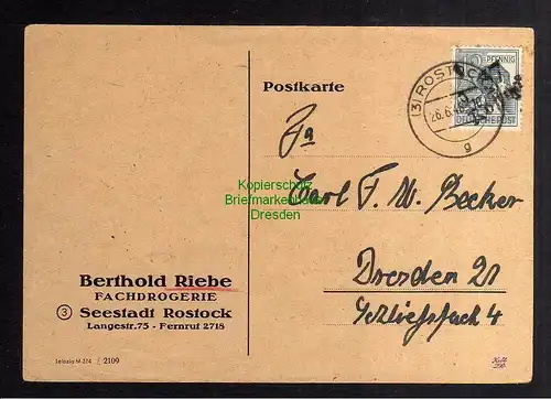 h3264 SBZ Bezirkshandstempel Bezirk 37 Rostock Postkarte nach Dresden