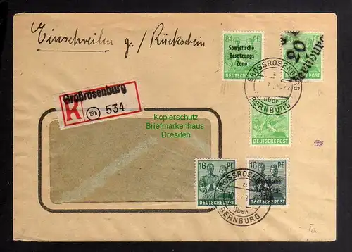 h3442 SBZ Bezirkshandstempel Brief gepr. Bezirk 20 Bernburg 84 Pfg. Einschreiben