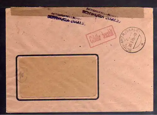 B740 SBZ Brief Gebühr bezahlt 1945 Schwarza Saale