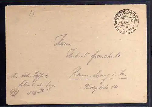 B738 SBZ Brief Gebühr bezahlt 1945 Schönheide Erzgeb nach Ronneburg