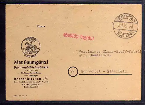 B698 SBZ Brief Gebühr bezahlt 1948 Rothenkirchen Vogtland Besen- und Bürstenfabr