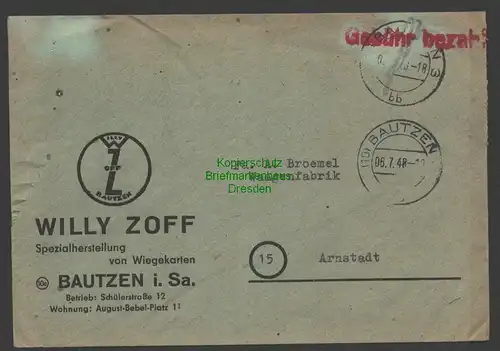 B7493 SBZ Währungsreform Brief Gebühr bezahlt Bautzen 06.7.48 nach Arnstadt