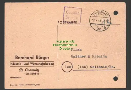 B7504 SBZ Währungsreform Postkarte Gebühr bezahlt Chemnitz 8.7.48 n. Geithain