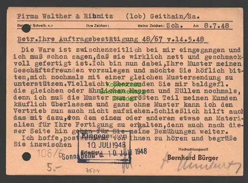 B7504 SBZ Währungsreform Postkarte Gebühr bezahlt Chemnitz 8.7.48 n. Geithain