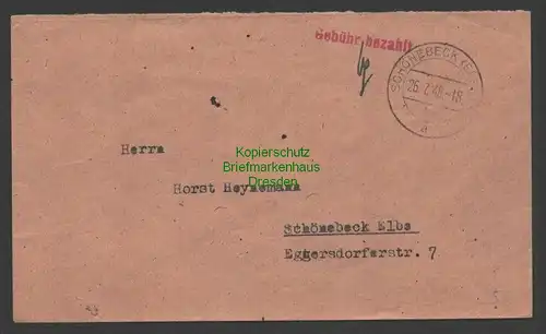 B7476 SBZ Währungsreform Brief Gebühr bezahlt Schönebeck Elbe 26.7.48