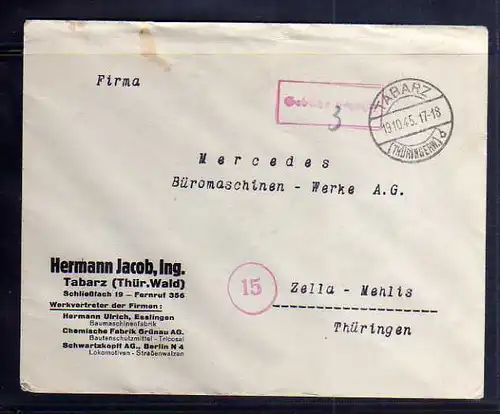 B785 SBZ Brief Gebühr bezahlt 1945 Tangermünde Klein- und Großhandel Gehl