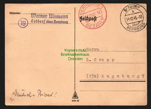 B8323 SBZ Gebühr bezahlt 1945 Latdorf über Bernburg nach Augsburg