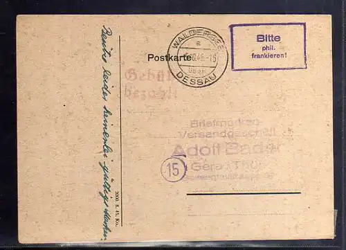 B812 SBZ Postkarte Gebühr bezahlt 1945 Waldersee über Dessau