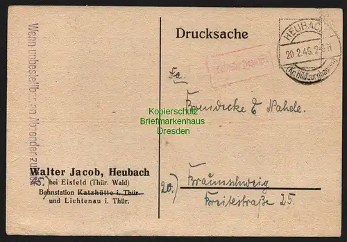 B8321 SBZ Gebühr bezahlt Heubach Kr. Hildburghausen 1946 nach Braunschweig