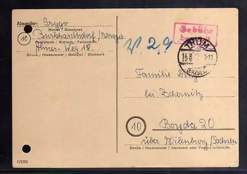 B795 SBZ Postkarte Gebühr bezahlt 1945 Thum Erzgebirge