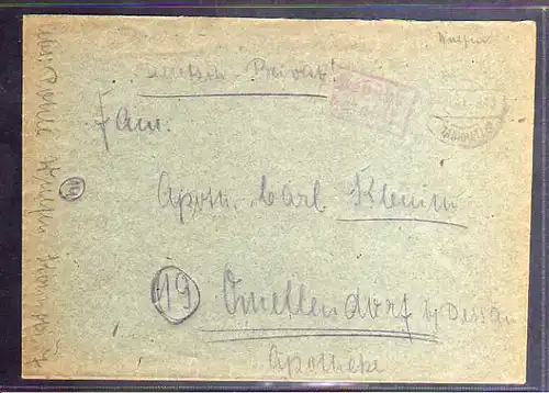 B850 SBZ Brief Gebühr bezahlt 1945 Wulfen Deutsch Privat an Apotheke Quellendorf