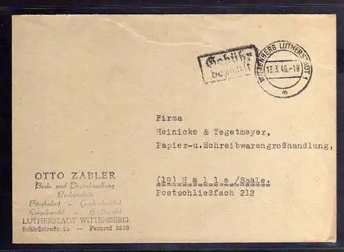 B840 SBZ Brief Gebühr bezahlt 1946 Wittenberg Lutherstadt Buch- u Papierhandlung