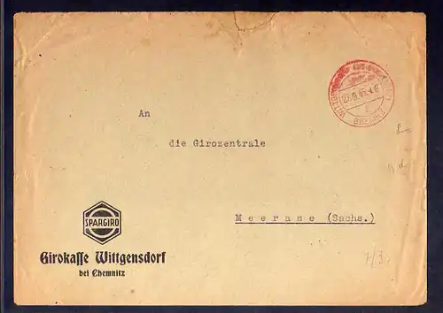 B842 SBZ Brief Gebühr bezahlt 1945 Wittgensdorf bei Chemnitz Girokasse Spargiro