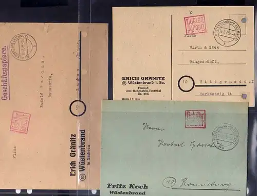 B851 3x SBZ Brief Karte Gebühr bezahlt 1945 Wüstenbrand Kr. Chemnitz Firma Erich