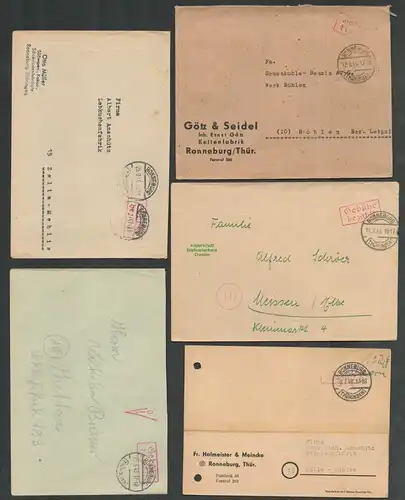 B6218 5x Brief Karte SBZ Gebühr bezahlt 1945 Ronneburg Kettenfabrik Götz & Seide