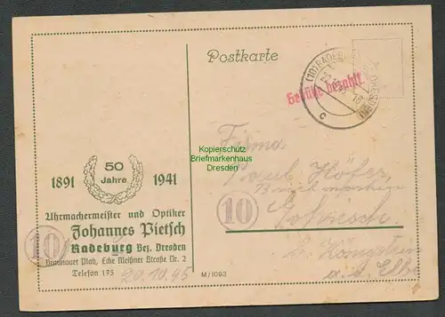B6096 Postkarte SBZ Gebühr bezahlt 1945 Radeburg Uhrmachermeister und Optiker