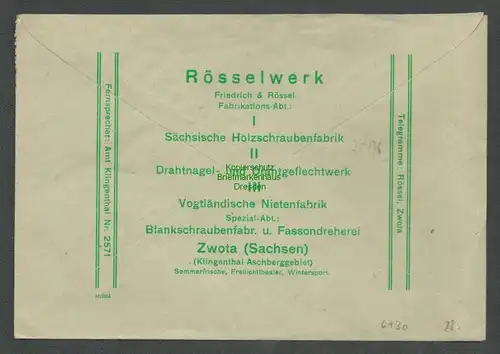 B6130 Brief SBZ Gebühr bezahlt 1945 Zwota über Klingenthal Vogtland Rösselwerk