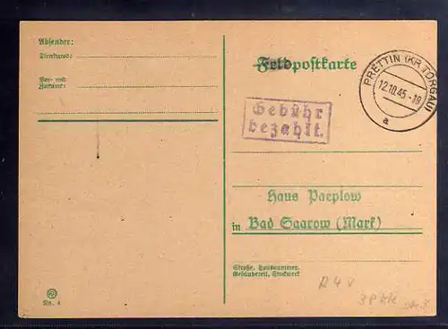 B668 Karte SBZ Gebühr bezahlt 1945 Prettin Kr. Torgau