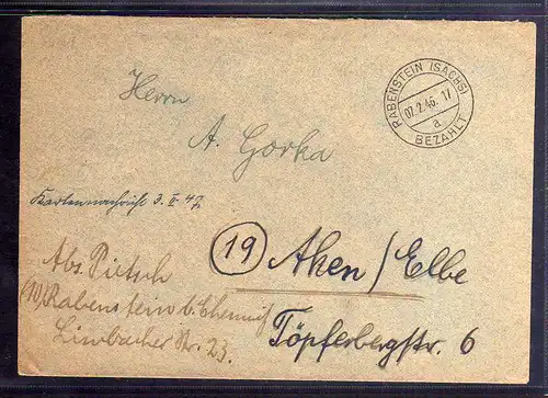 B672 SBZ Brief Gebühr bezahlt 1945 Rabenstein Sachs. nach Aken Elbe