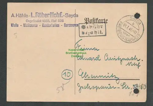 B6234 Postkarte SBZ Gebühr bezahlt 1945 Sayda über Freiberg nach Chemnitz